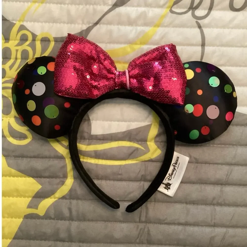 NWOT Disney Parks Ear Headband Black Multi-colored polka dots pink sequin bow
